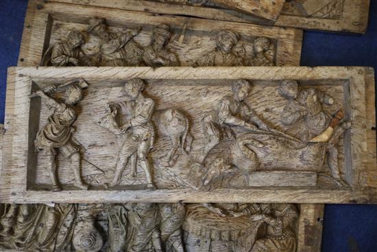 A set of five 16th century Flemish relief carved oak panels, largest 8.25 x 27in.